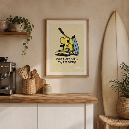 First Coffee, Then Surf – Limited Edition Print by Raul Casado
